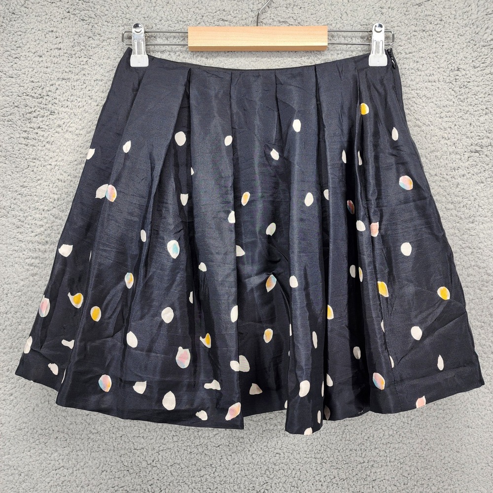 Tara Jarmon Navy Blue 100% Silk Polka Dot Pleated Mini Skirt Made In France 36